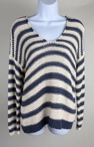 Women's Vince Cream Gray Striped Cotton Blend V-Neck Sweater Size S - Picture 1 of 5