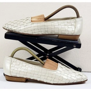 Vintage Amalfi Made In Italy Ladies Cream Color Woven Leather Loafer Flat Almond - Picture 1 of 12
