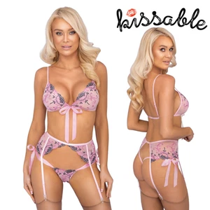 SALE Kissable 3 pcs bdsm Pink bra garter belt thong panties sexy lingerie set - Picture 1 of 7