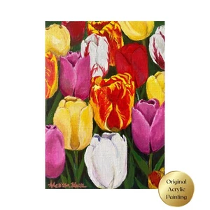Colorido Tulipanes Pintura Acrílica Obra de Arte Original Floral Decoración de Primavera 5 x 7 pulgadas - Imagen 1 de 10