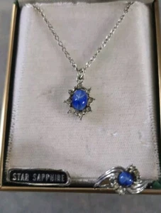 Sterling Slvr. Blauer Stern Saphir / simulierter Diamant Collier & Ring - Bild 1 von 4