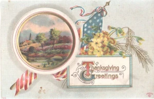 Erntedank Gruß Postkarte 1911 amerikanische Flagge Blumen gebraucht - Bild 1 von 1