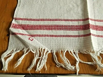 Linge ancien Serviette toilette nid d'abeille coton blanc liteaux et franges - Photo 1/3