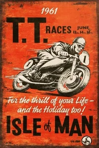 TT Races Motor Bike Advert, Aged Look Vintage Retro Style Metal Sign Plaque - Picture 1 of 5