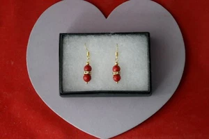 BEAUTIFUL GOLD PLATED EARRING WITH RED FACETED AGATE 3 GR 2.3 Cm. LONG + HOOKS - Picture 1 of 7