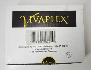 Vivaplex Case of 12 Amber 1 oz Round Glass Jars With Inner Liners & Black Lids - Picture 1 of 3
