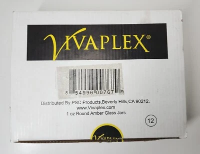 Vivaplex Case of 12 Amber 1 oz Round Glass Jars With Inner Liners & Black Lids  - Image 1 of 3