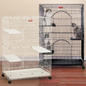 Foldable Cat Cages Durable Secure Wire Crate Two Doors Three Plastic Perches - Picture 1 of 10