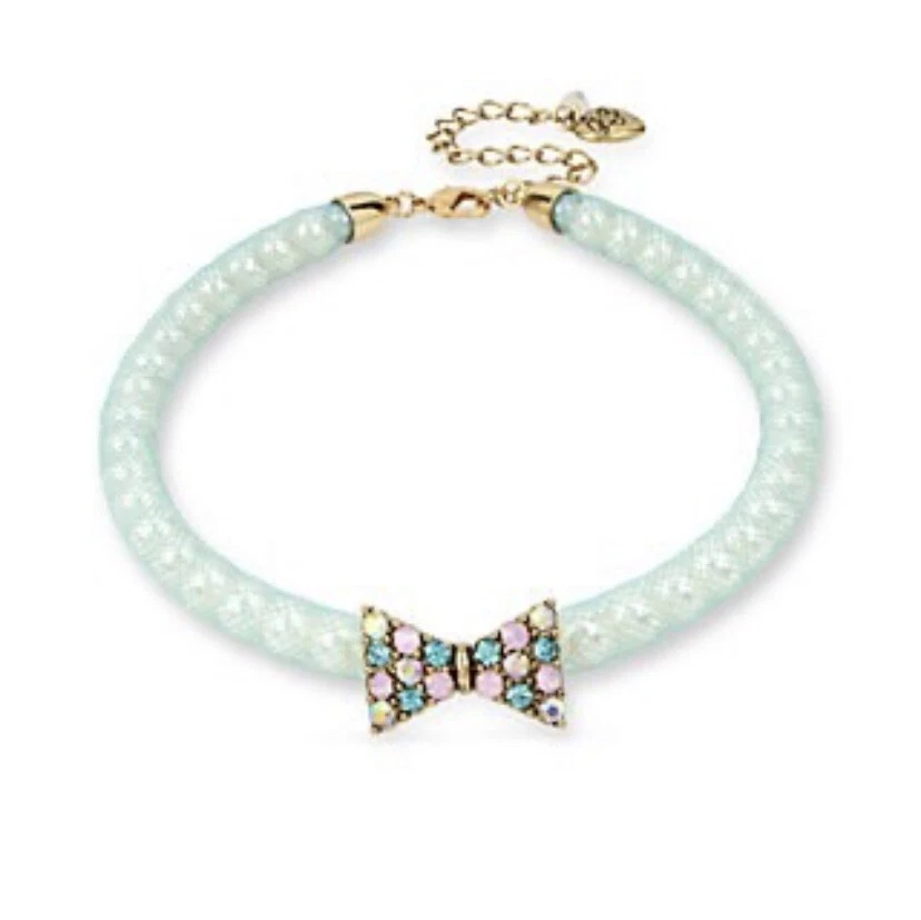 Betsey Johnson Pave Bow Pearl Pink Mesh Choker Necklace 12.5" 5" Extender Fits