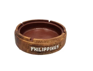 Vintage Hand Carved Wood Round Ashtray Handpainted Made In Phillipines - Picture 1 of 9