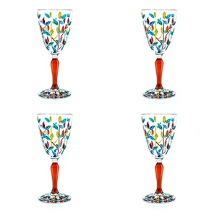 Set of 4 Four Murano Glass Wine Multi Orange Stem Hand Painted Venice - Picture 1 of 7