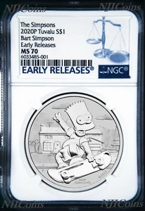 2020 Bart Simpson Simpsons $1 1oz .9999 Silver COIN NGC MS70 ER - Picture 1 of 2