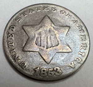 1853 3CS RPD FS-301 Silver VG Details Variety Coin 3c Three Cents - Picture 1 of 8