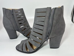 Brash Shoes Booties Womens 8.5 Gray Faux Suede Open Toe Side Zip Block Heel - Picture 1 of 8