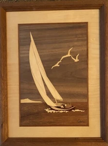 Jeffrey Nelson - Segelboot auf See 13"x10" gerahmte Holzintarsien Kunst - Bild 1 von 4