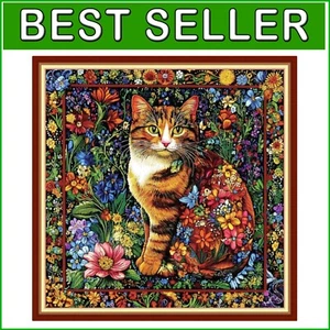 Kit de punto de cruz de gato con flores coloridas para principiantes - fácil bordado hágalo usted mismo 18x18 - Imagen 1 de 9