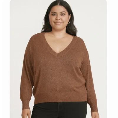 Suéter Lane Bryant metálico gola V malha marrom tamanho 26/28 - Imagem 1 de 4