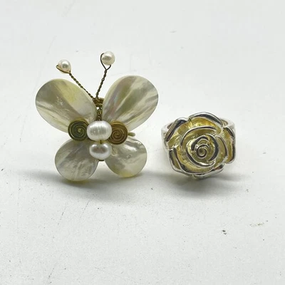 Lote de 2 Anillos Mujer Mariposa Madreperla Alambre Envoltura Rosa Tono Plata Negrita Foto 1 de 4