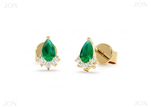 14k Gold Pear Shape Emerald and Round Diamond Cluster Studs-Jewelzofny - Picture 1 of 7