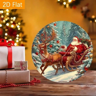 Vintage Santa Claus Deer Tin Metal Signs Home Décor 8x8 Inch Round Christmas Tin - Image 1 of 4