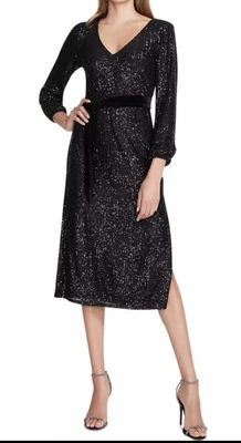 Betsey Johnson V Neck Midi Black Sequin Tie Belt Cocktail Party Wedding Dress XS - Image 1 of 4