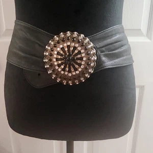 Vintage Belt By Elite In Genuine Black Leather with Rhinestone Buckle size  M/L - Picture 1 of 17