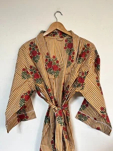 Indian Yellow Striped Floral Cotton Robe Long Kimono Sleepwear Night Suit Kimono - Picture 1 of 4
