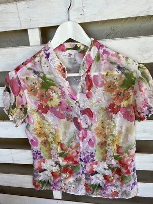 Tianello Floral Tulip Pink Romantic Blouse Short Sleeve Sheer Rayon Size - Image 1 of 4