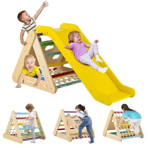4-in-1 Triangle Climbing Set Wooden Toddler Climber with Ramp Sliding Board - Picture 1 of 9