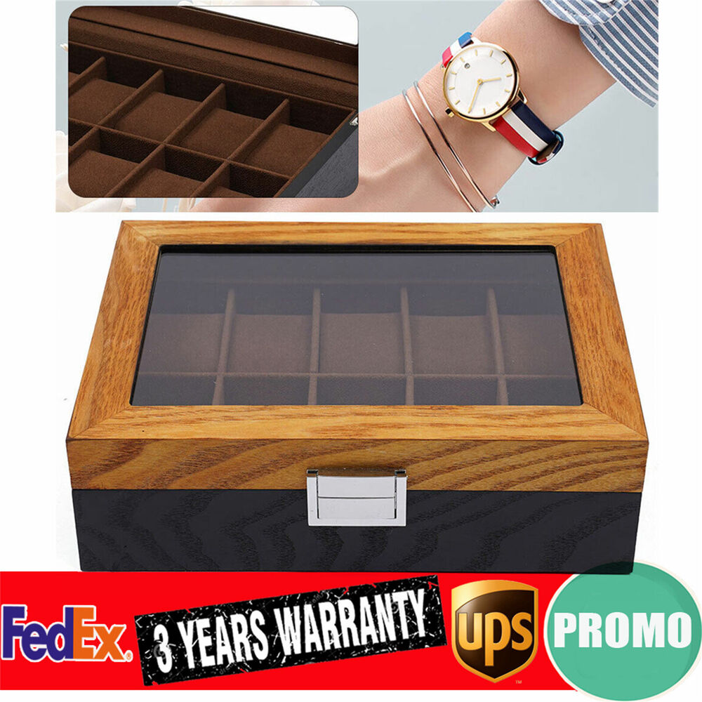 6/12 Slots Watch Box Display Case Wooden Glass Top Jewelry Storage Organizer USA