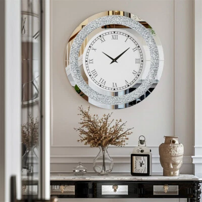 Reloj de Pared 23.6" Brillante Bling Crush Diamante Entrada Sala Reloj Espejo Foto 1 de 4