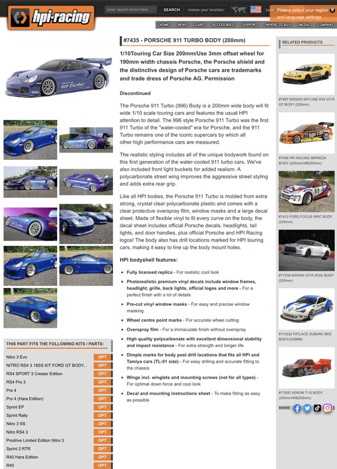 HPI Racing Porsche 911 Turbo Clear Body 200mm 7435