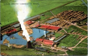 Oregon Postkarte Holzmühle Fabrik Anlage Luftaufnahme Leinen 1940er Jahre QD - Bild 1 von 2