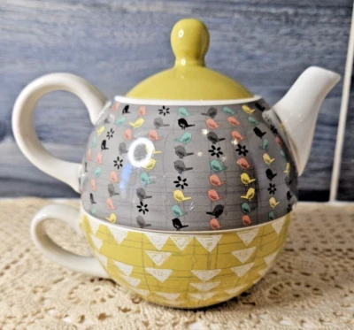 Pabellón Regalo Flor Té para Una Tetera Apilada Taza Amylee Semanas Pájaros Verde Lima Foto 1 de 4