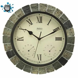 Splash Proof Hygrometer & Thermometer 30cm Round Wall Clock Stone Look Effect - Picture 1 of 1