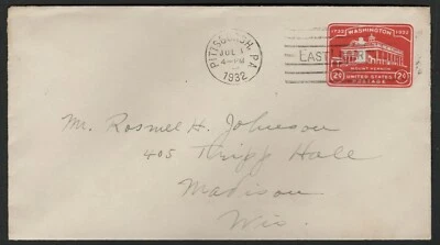 US 1932 #U525 2c Mount Vernon Stamped Envelope Cover Used - Image 1 of 2