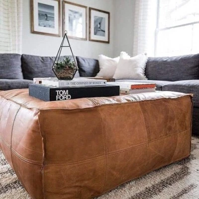 Pouf Brown Boho Footrest New Un-Stuffed Moroccan Leather Ottoman Luxurios - Image 1 of 4
