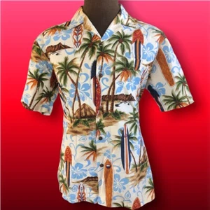 ALOHA REPUBLIC Vtg Hawaiian Shirt Cotton Surf Boards Tiki Palm Trees Mens L USA - Picture 1 of 5