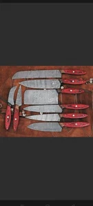 CUSTOM HAND MADE DAMASCUS STEEL FIXED BLADE CHEFF KNIVES 8 PICS IN SET. - Picture 1 of 1