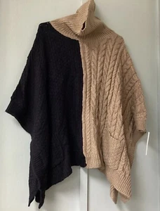 Andrea Jovine Poncho Sweater Turtleneck L/XL Brown Black Chunky Cable Pocket New - Picture 1 of 19