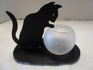 Vintage Metall Katze & Glas Fischschale geätzt 2 Stück Kerzenständer 6,75" W 90er Jahre - Bild 1 von 11