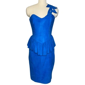1980’s Blue Suede Peplum Cocktail Dress | S - Picture 1 of 9