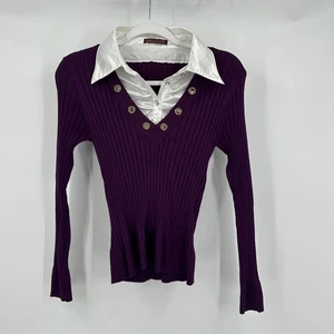 Womens Y2K Preppy Sweater Size S Purple Rib Knit Satin Collar Academia Preppy - Picture 1 of 8