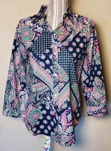 Camisa Lauren Ralph Lauren Mujer Med Azul Rosa Abotonada Paisley No Hierro Tejida - Imagen 1 de 6