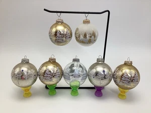7 Christmas Ornaments Krebs Glass Winter Forest Scene Trees Birds Deer Snow Lot - Picture 1 of 6