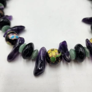 Handwerkliche Jade Amethyst Onyx Grobe Perlen Handbemalt Blumen Statement Halskette - Bild 1 von 9