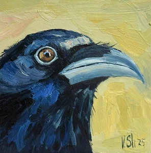 Original Ölgemälde Krähe Rabe Kunst Schwarzer Vogel Impressionismus Kunstwerk - Bild 1 von 7