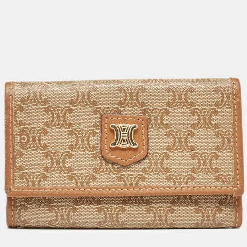 Portachiavi Celine beige marrone macadam rivestito in tela e pelle