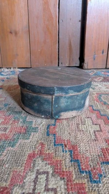 Antique Early Primitive Wood Pantry Box Orig Blue Paint 6.5" Signed - Image 1 of 4