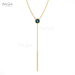 Minimalist 1/4CT London Blue Topaz 14k Real Gold Y Drop Wedding Necklace For Her - Picture 1 of 22
